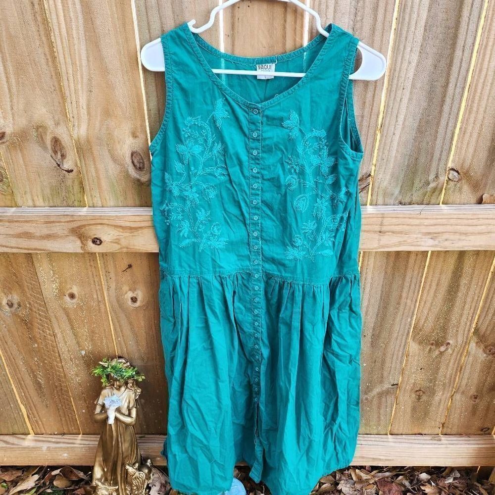 Vintage Minimalist Dress Floral Embroidery Turquoise Small Sleeveless Button Dow